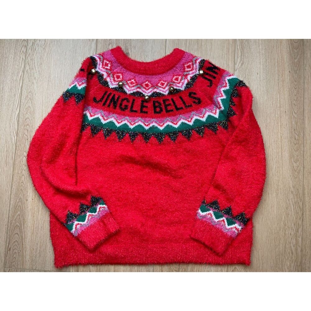Holiday Time Fuzzy "Jingle Bells" Christmas Sweater w/ bells - Size XL ugly